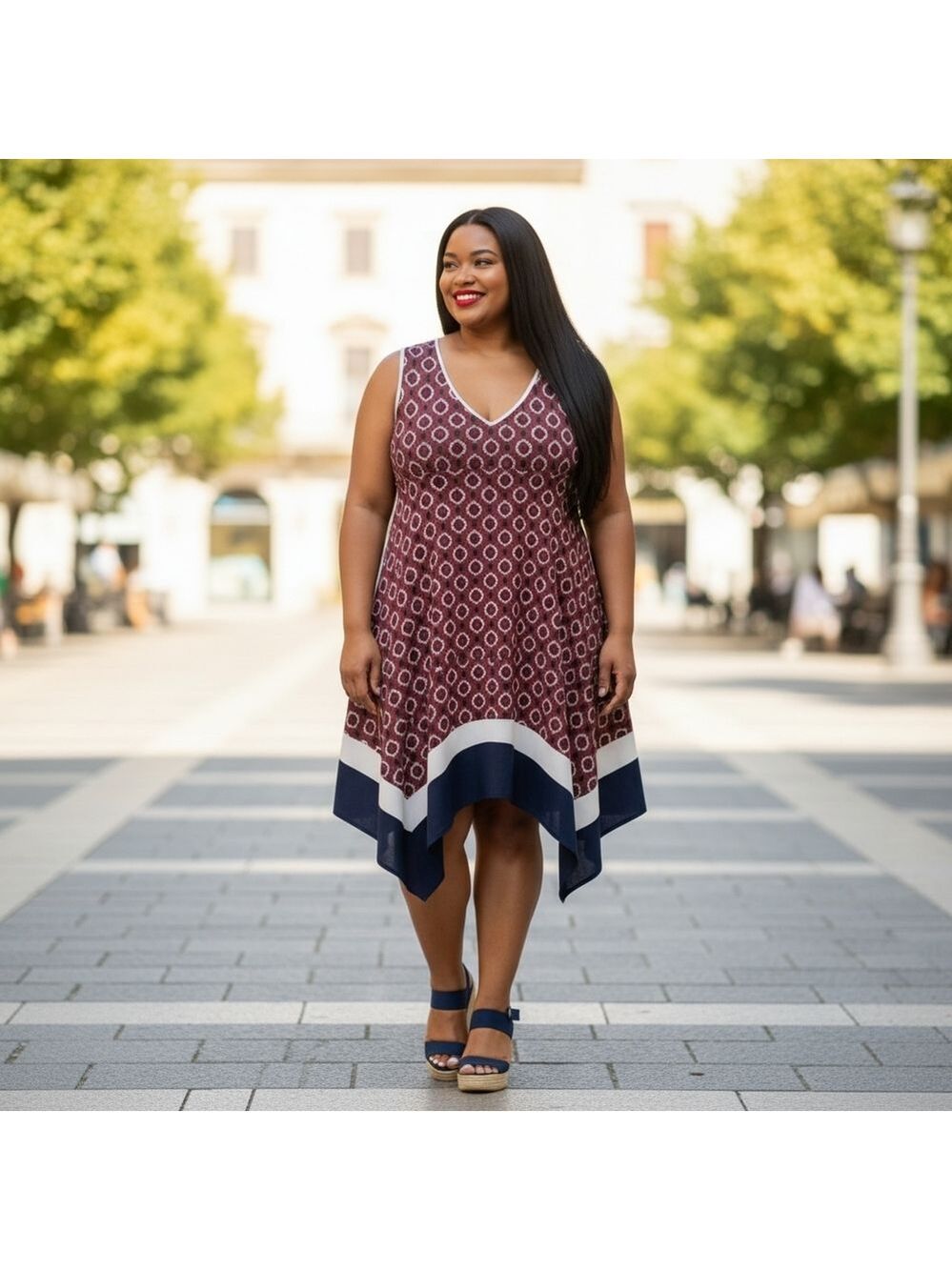PerSeption Red,White & Blue Geometric Print Asymmetrical Stretch Midi Dress